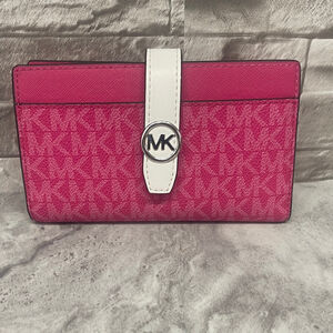 Michael Kors Greenwich Medium Bifold CZ Wallet Card Case Pink/White Dragonfruit